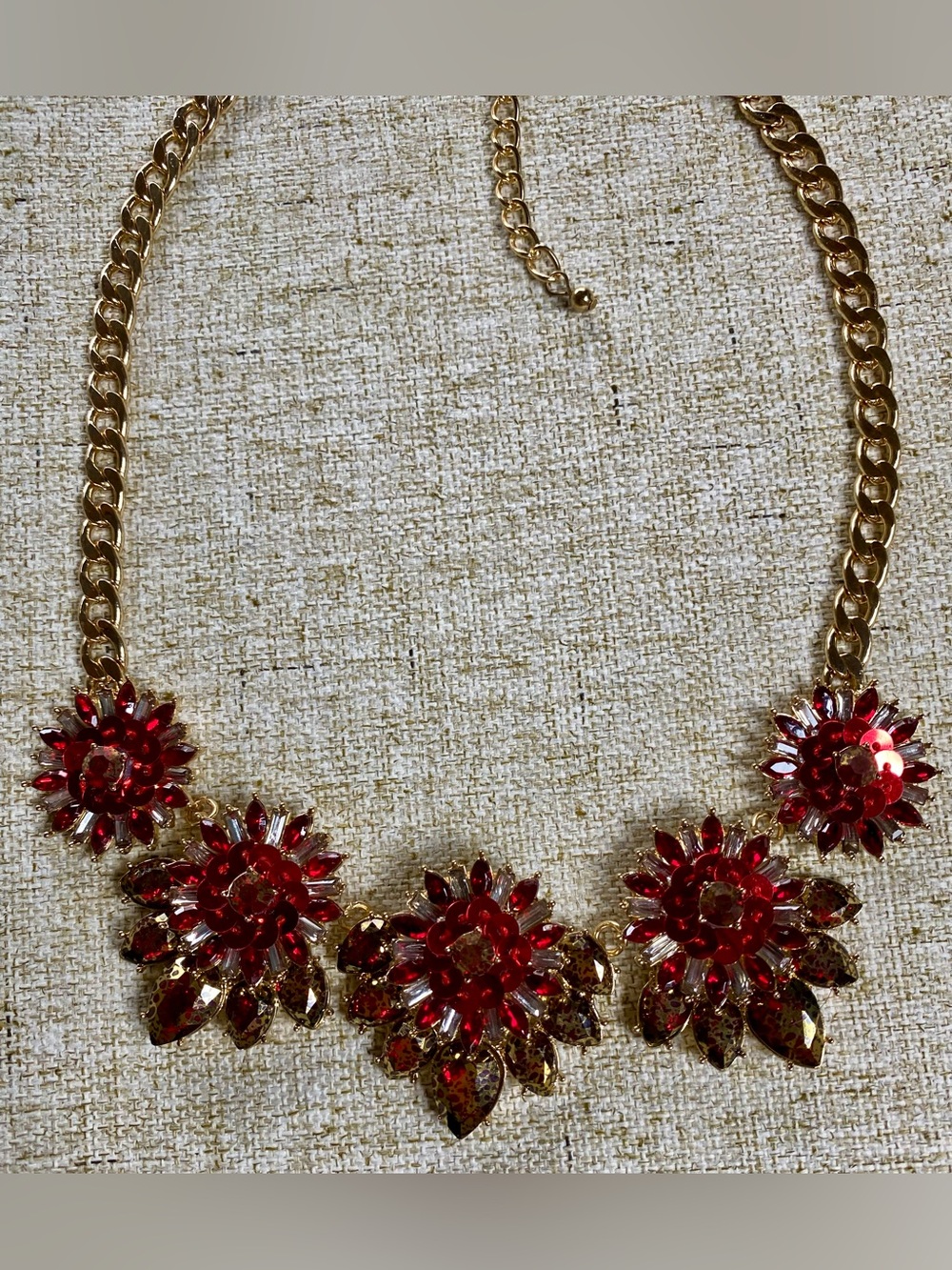Gold Chain Red Floral Statement Necklace